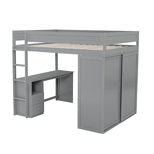 White Full Size Wooden Loft Bed with Storage Wardrobe and Desk A3242