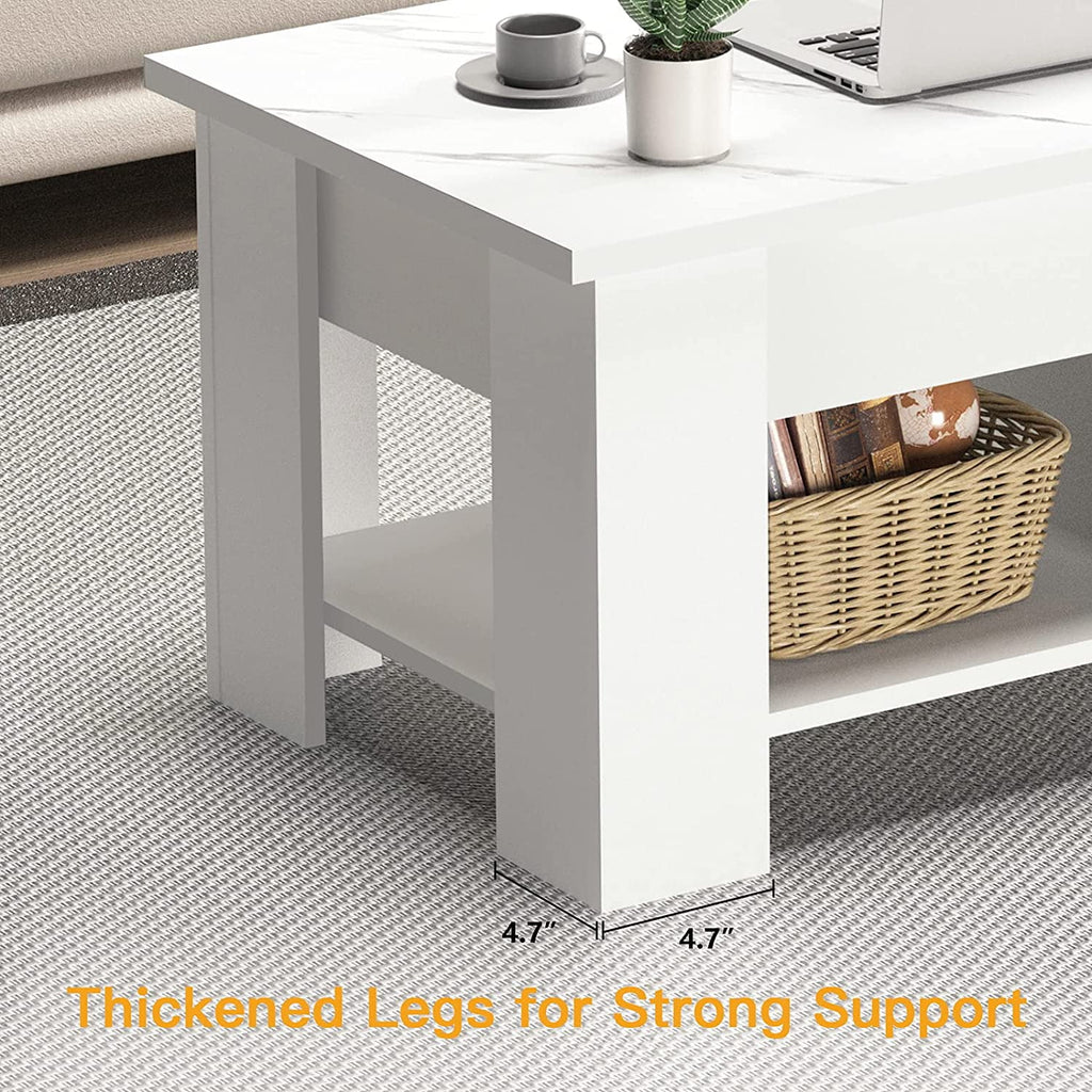 White Marble Lift Top Coffee Table with Storage Compartment and Open Shelves M802884