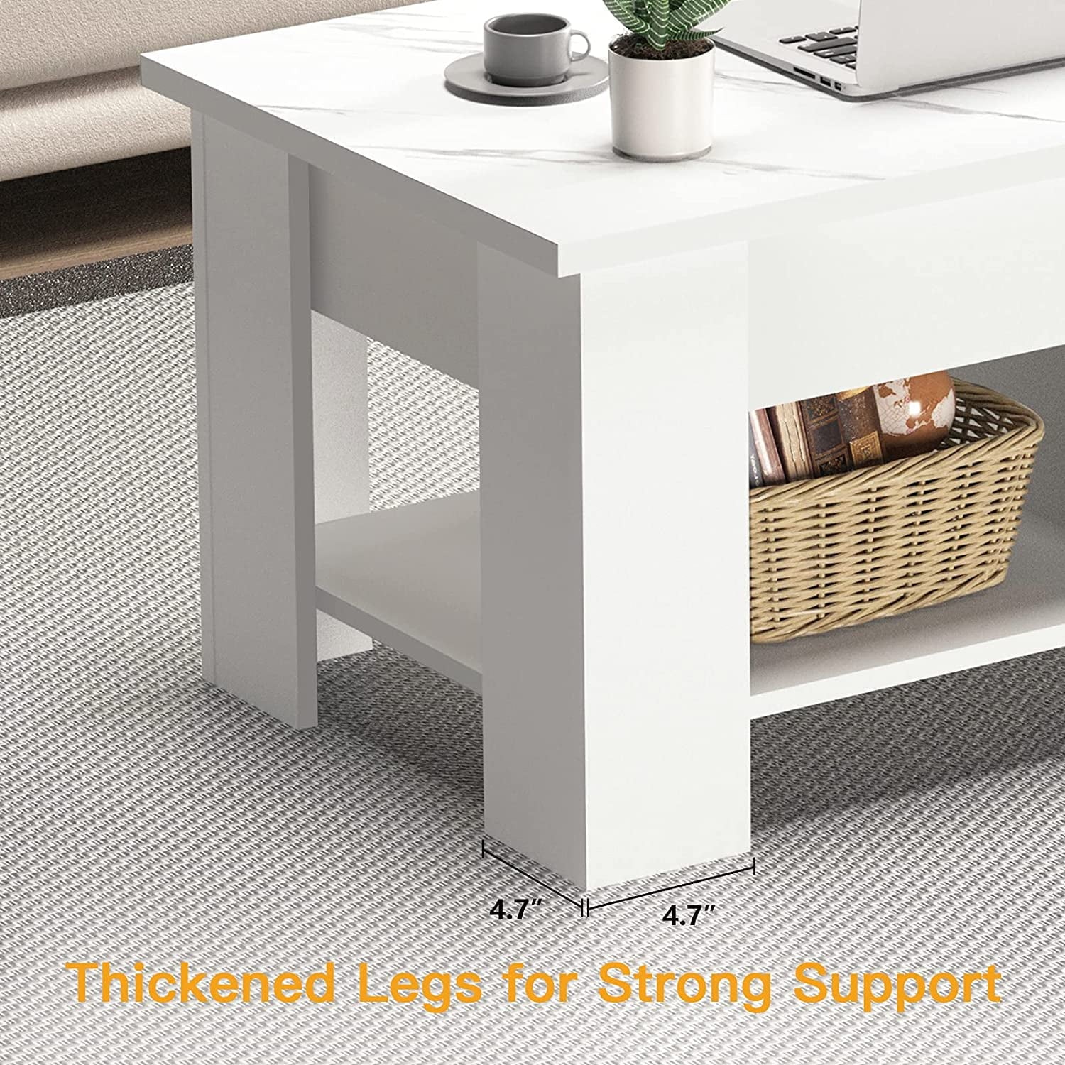 White Marble Lift Top Coffee Table with Storage Compartment and Open Shelves M802884