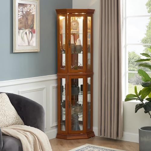 Corner Curio Cabinet with Tempered Glass Shelves, Mirrored Back, Cherry W4820
