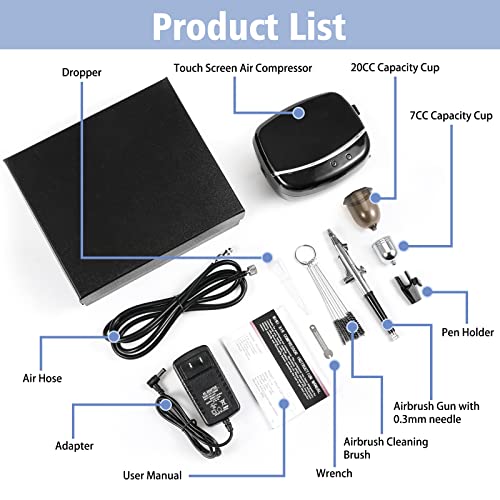 40PSI Touchscreen Airbrush Kit with Compressor, 0.3mm Needle, Dual-Action Airbrush Set P21145