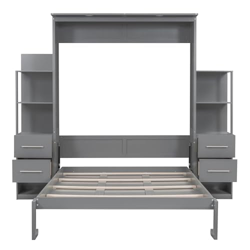 Gray Queen Size Wood Wall Bed with Shelves and Drawers T2974