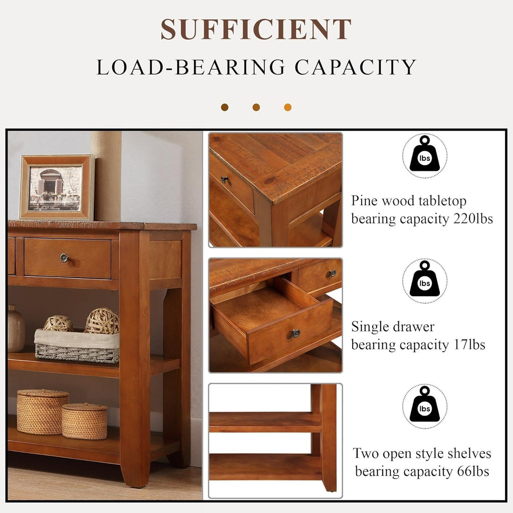 Long Console Table with 3 Storage Drawers and Double Bottom Open Shelves, 50" W x 16" D x 30" H, Brown S5136