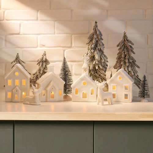 9 Piece Christmas Village Sets with 4 Remote Control Lighted Ceramic Houses, 2 Trees, 2 Deer & Santa L236147