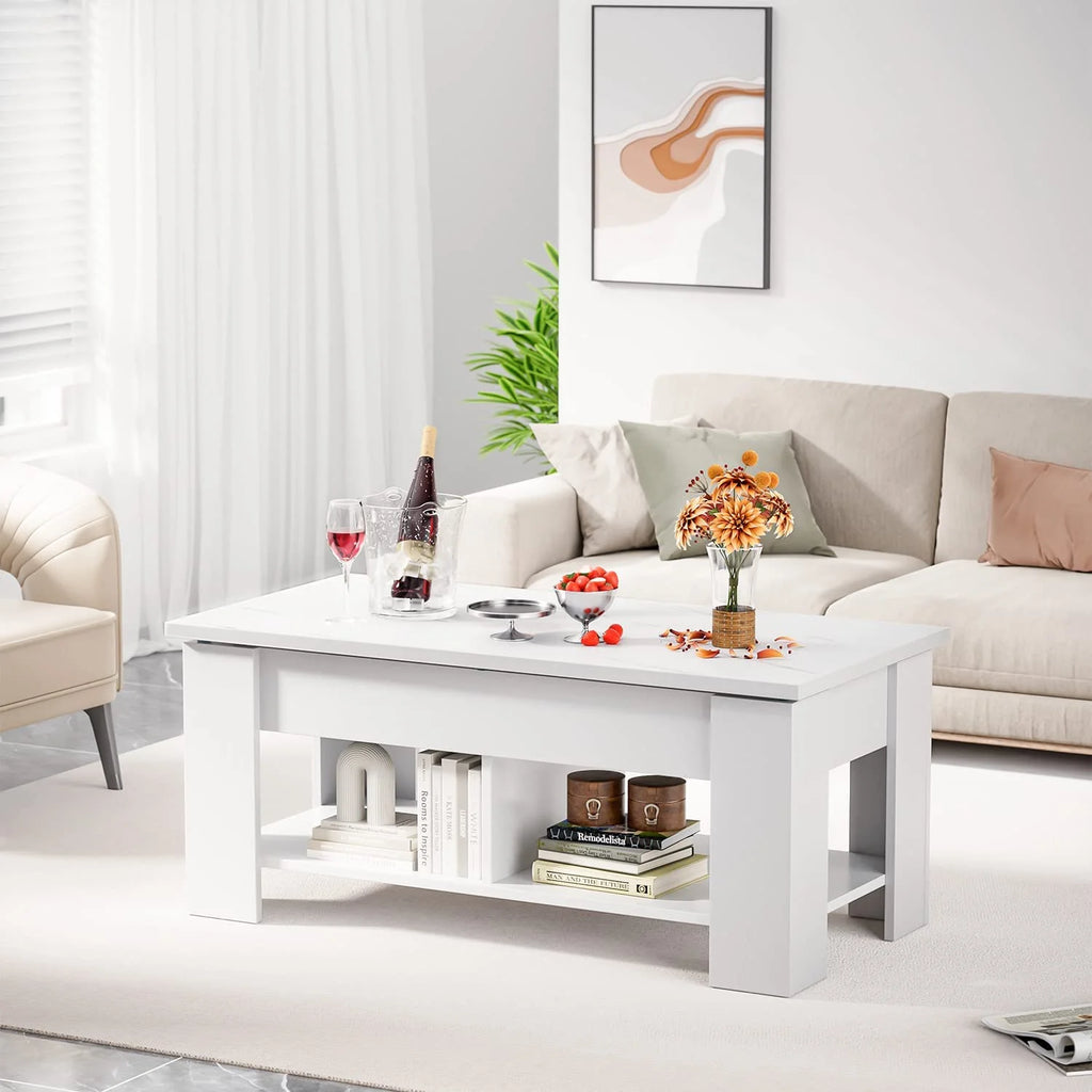 White Marble Lift Top Coffee Table with Storage Compartment and Open Shelves M802884