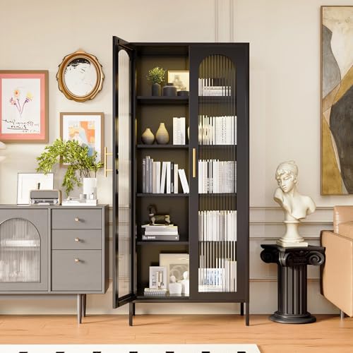 Black Tall Curio Cabinet with Glass Doors and Lights A645889