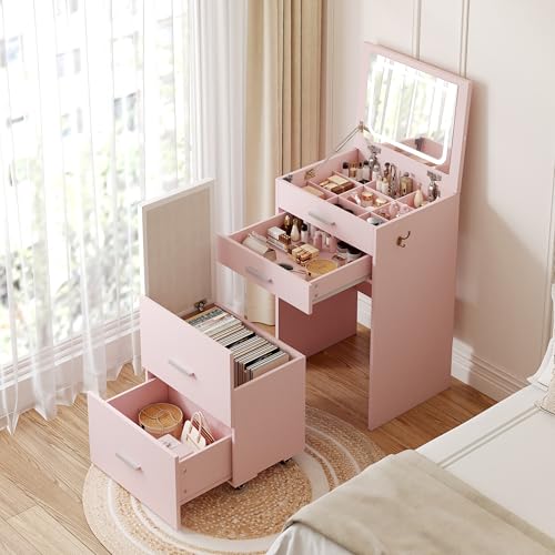 White 3 Drawer Vanity Desk with Mirror and Stool R740783