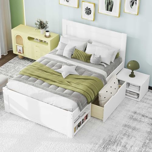 White Full Size Wood Platform Bed with Storage M3363