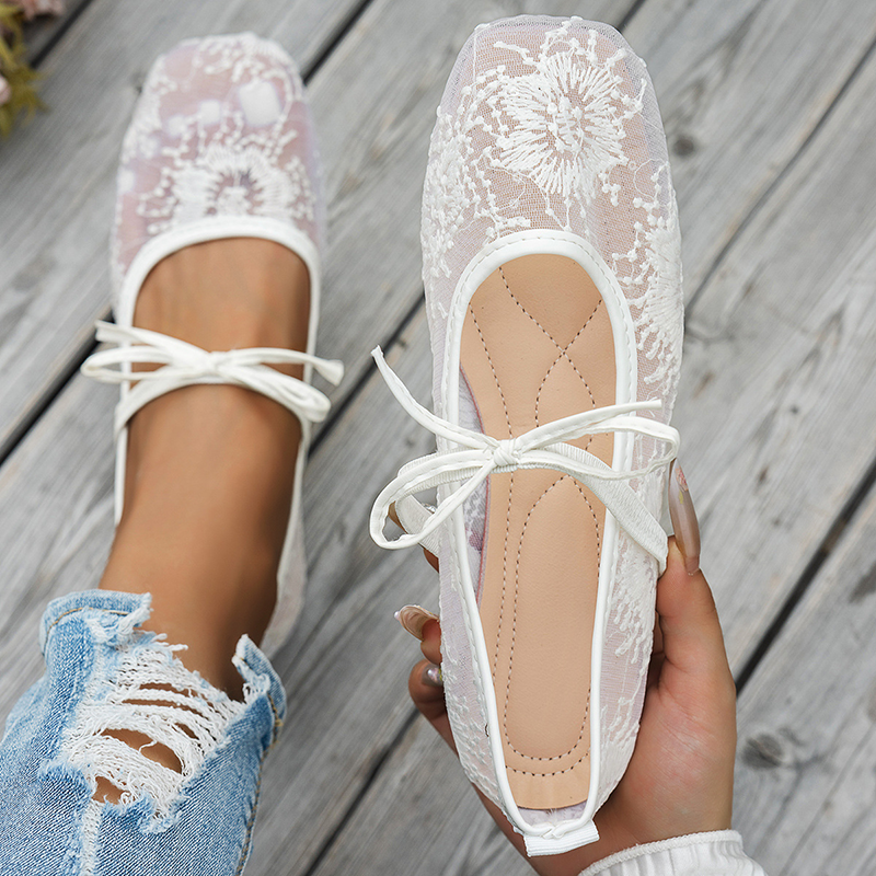 Women's Lace Floral Mesh Everyday Flats – Comfortable Elastic Ankle Strap
