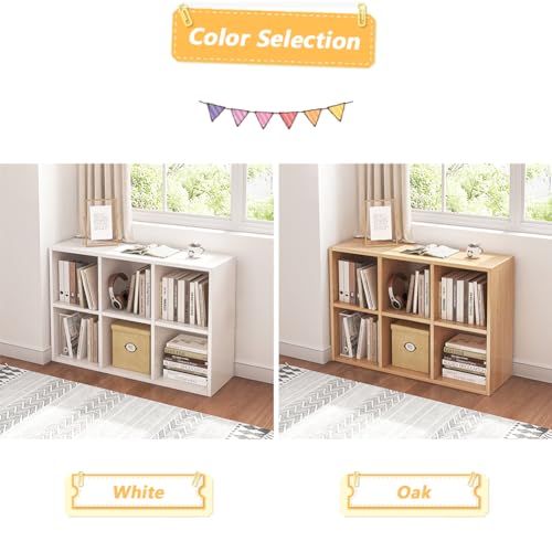 Oak 6 Cube Organizer Bookcase with Fabric Storage Bins X536