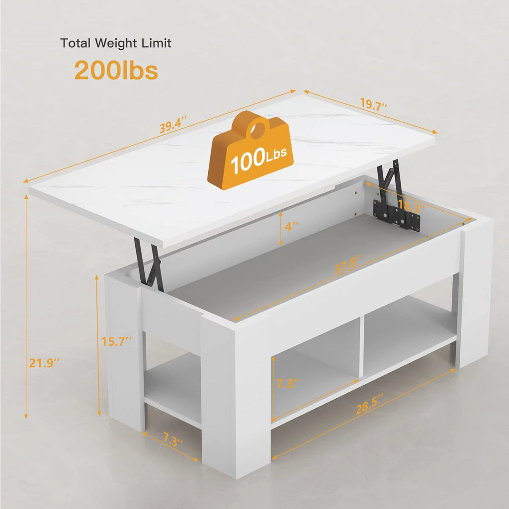 White Marble Lift Top Coffee Table with Storage Compartment and Open Shelves M802884