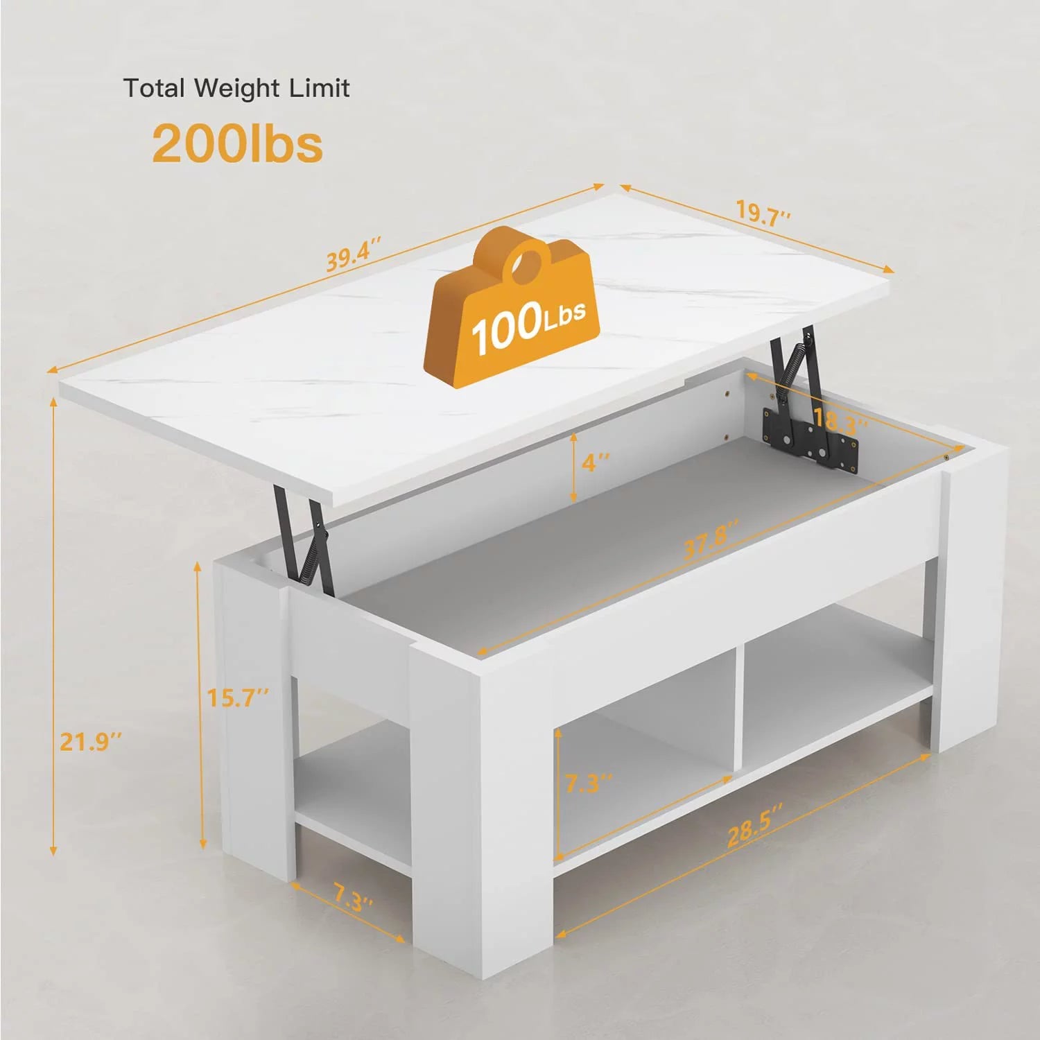 White Marble Lift Top Coffee Table with Storage Compartment and Open Shelves M802884