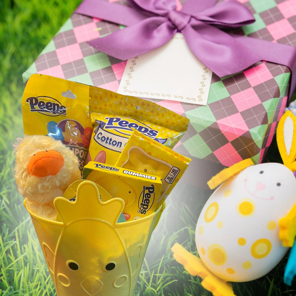 Yellow Duck Plush Toy Cotton Candy Lollipops Rings Gummies Chicks Marshmallow Lip Balm Reusable Bucket Gift Basket S524670
