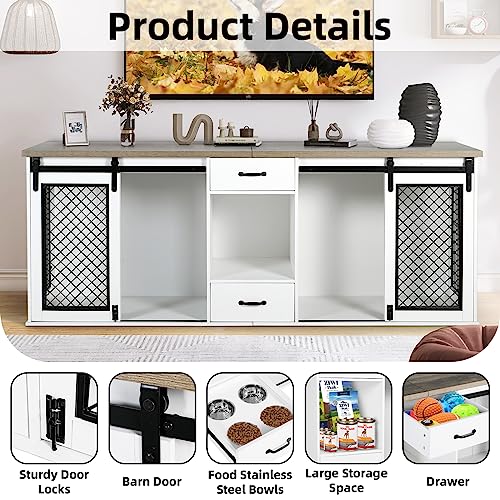 White 85" Sliding Door Double Dog Crate Kennel Furniture with 4 Dog Bowls and Drawer A254