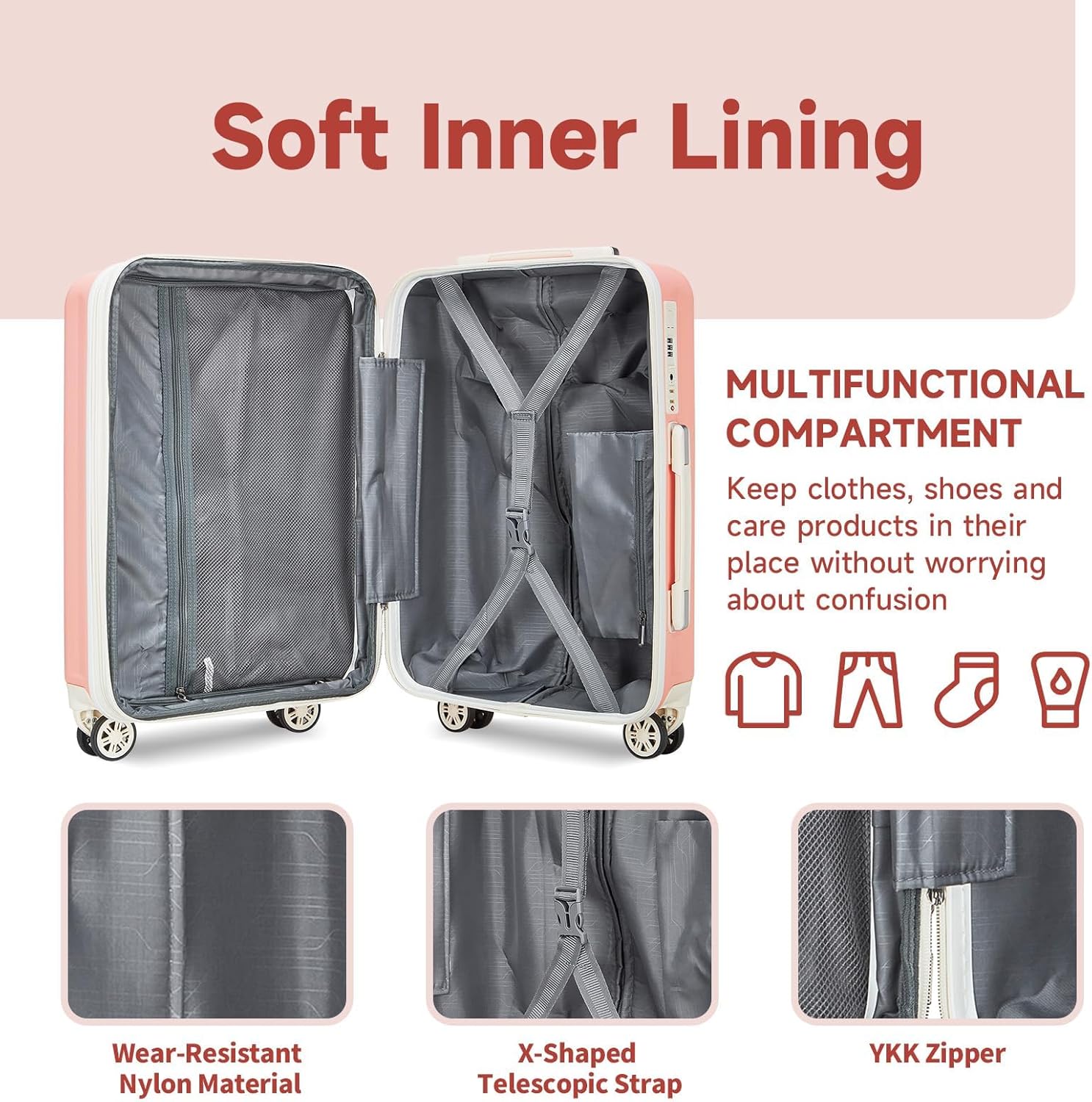 4 Piece Hardside Expandable Luggage Set with Spinner Wheels TSA Lock, Pink Beige W1477