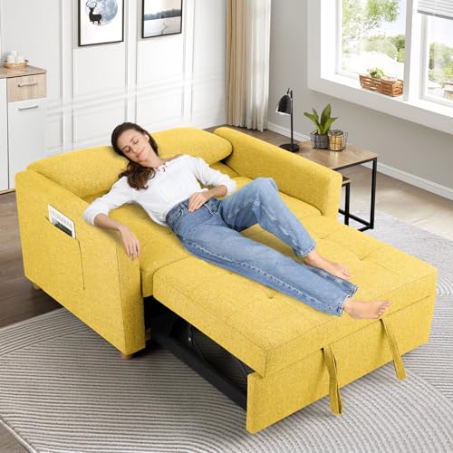 Navy Blue 2-Seater Linen Fabric Convertible Sofa Bed W83712