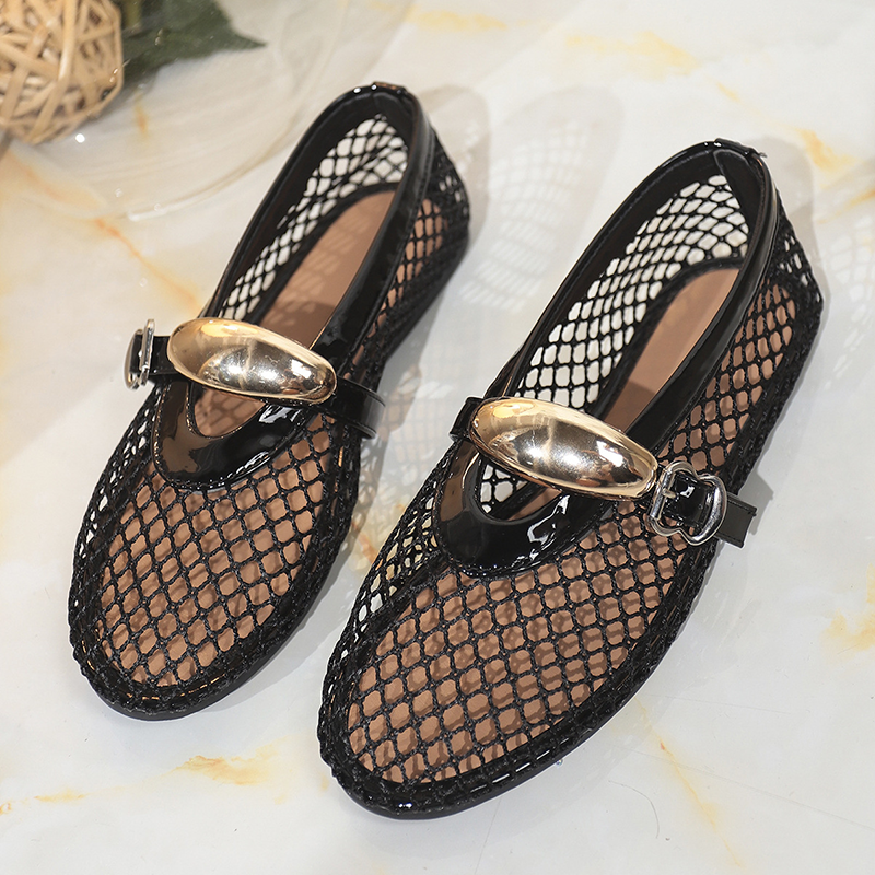 Women's Breathable Mesh Flats – Cut-out Flats with Gold Buckle