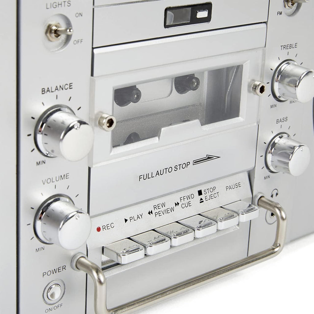 Silver Portable Boombox with CD Player Cassette Player FM Radio USB Bluetooth Speaker E718