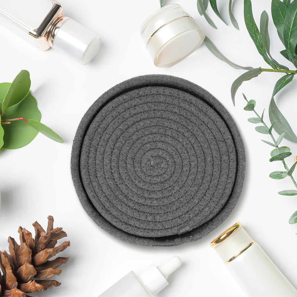 Dark Grey Cotton Rope Placemat Set Round Woven Coasters V3429
