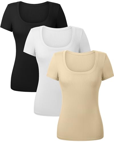 3 Pack Women's Short Sleeve Scooped Neck Ribbed Knit Tee U3881
