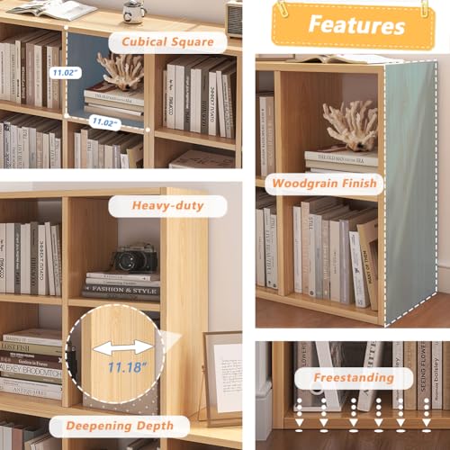 Oak 6 Cube Organizer Bookcase with Fabric Storage Bins X536