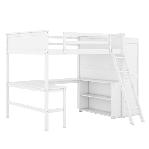 Grey Twin Size Solid Wood Loft Bed with Desk and Wardrobe X3353