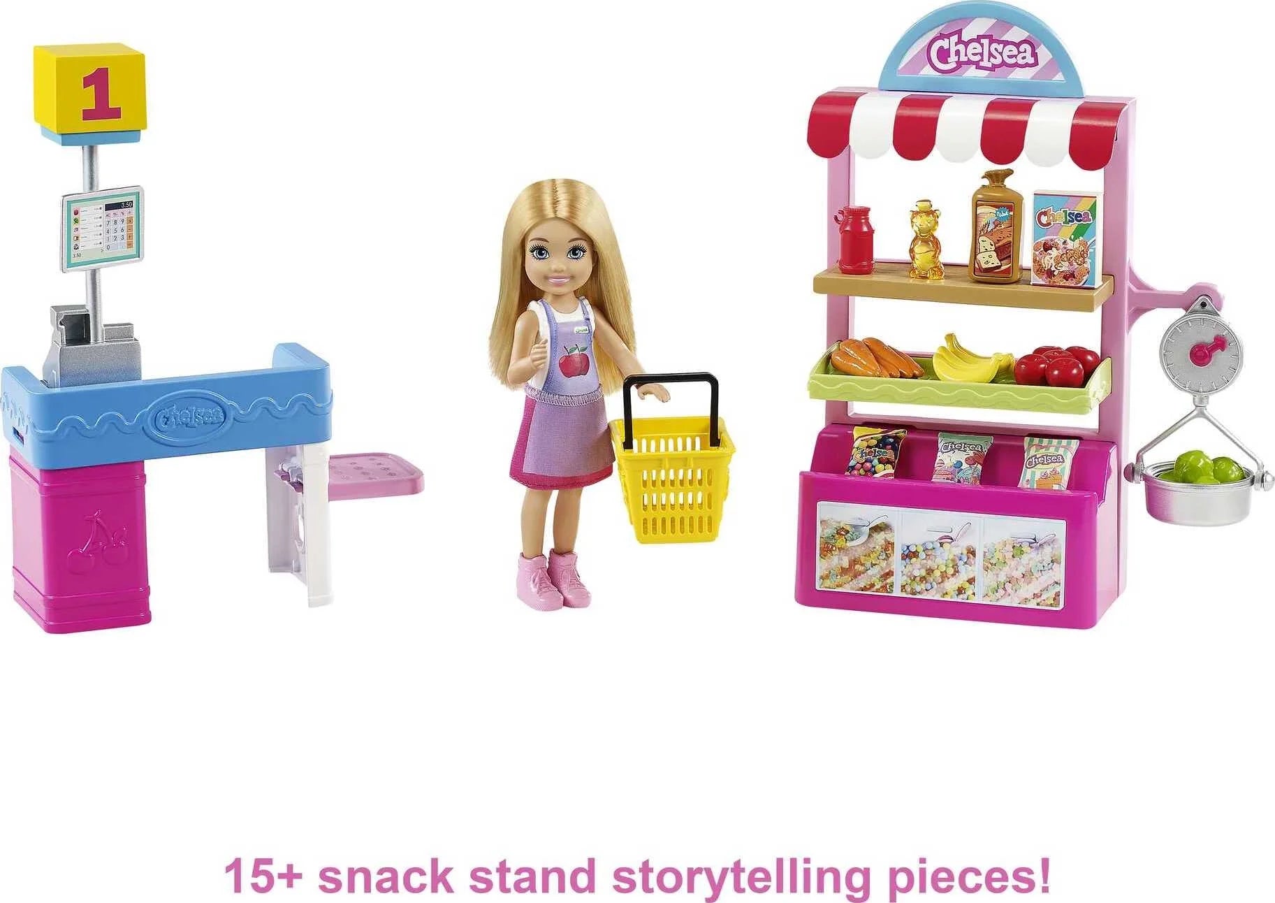Chelsea Can Be Snack Stand Playset with Blonde Small Doll & 15+ Grocery-Themed Accessories M310