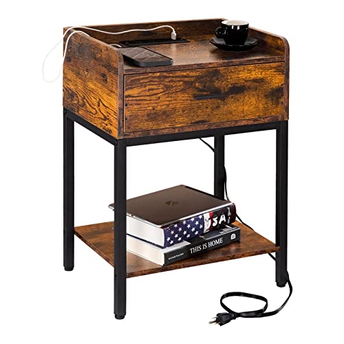 3-Tier Nightstand Set of 2 with Charging Station and Drawer, Oak Grey S985