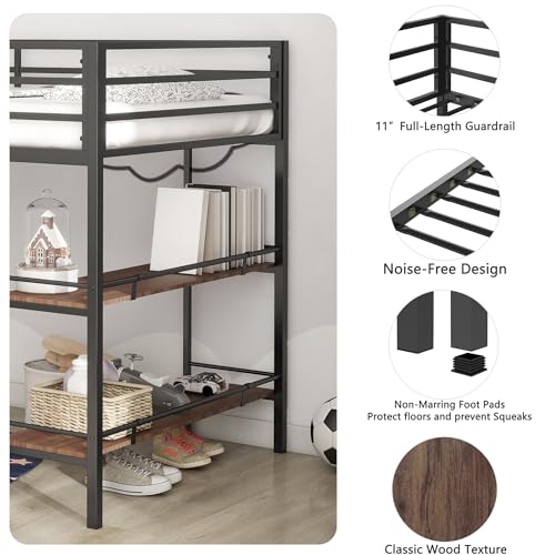 Black Twin Size Metal Loft Bed with Desk and Storage Stairs Y982