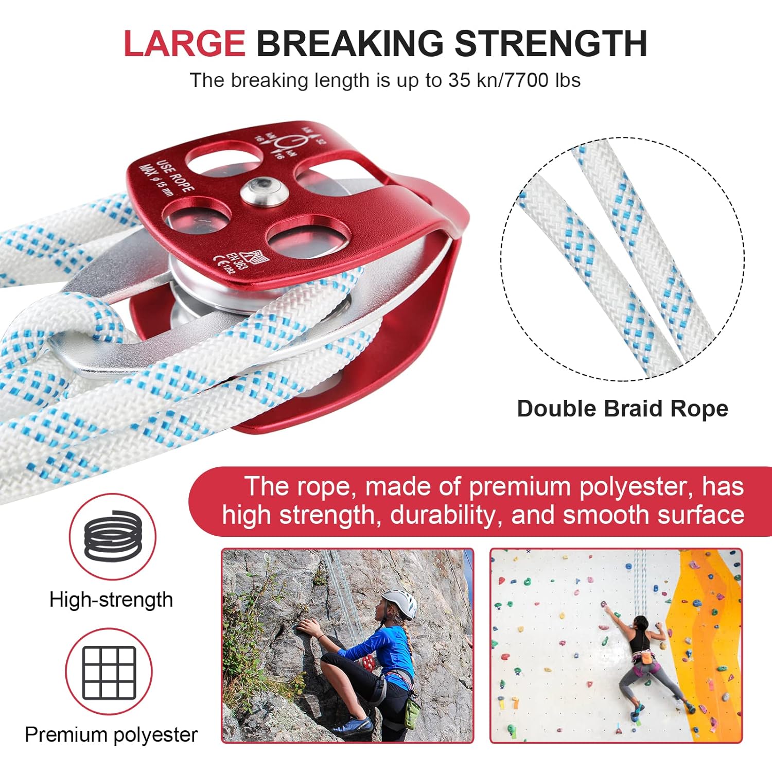 Twin Sheave Block and Tackle with Braid Rope 150Ft 30-35KN Capacity Double Pulley Rigging Rope N303