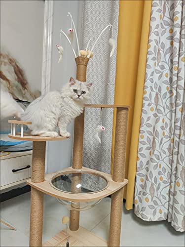 Wooden Large Cat Tree Floor to Ceiling Cat Tower Height Adjustable with Natural Sisal Rope Scratching Post Cozy Bed N546105