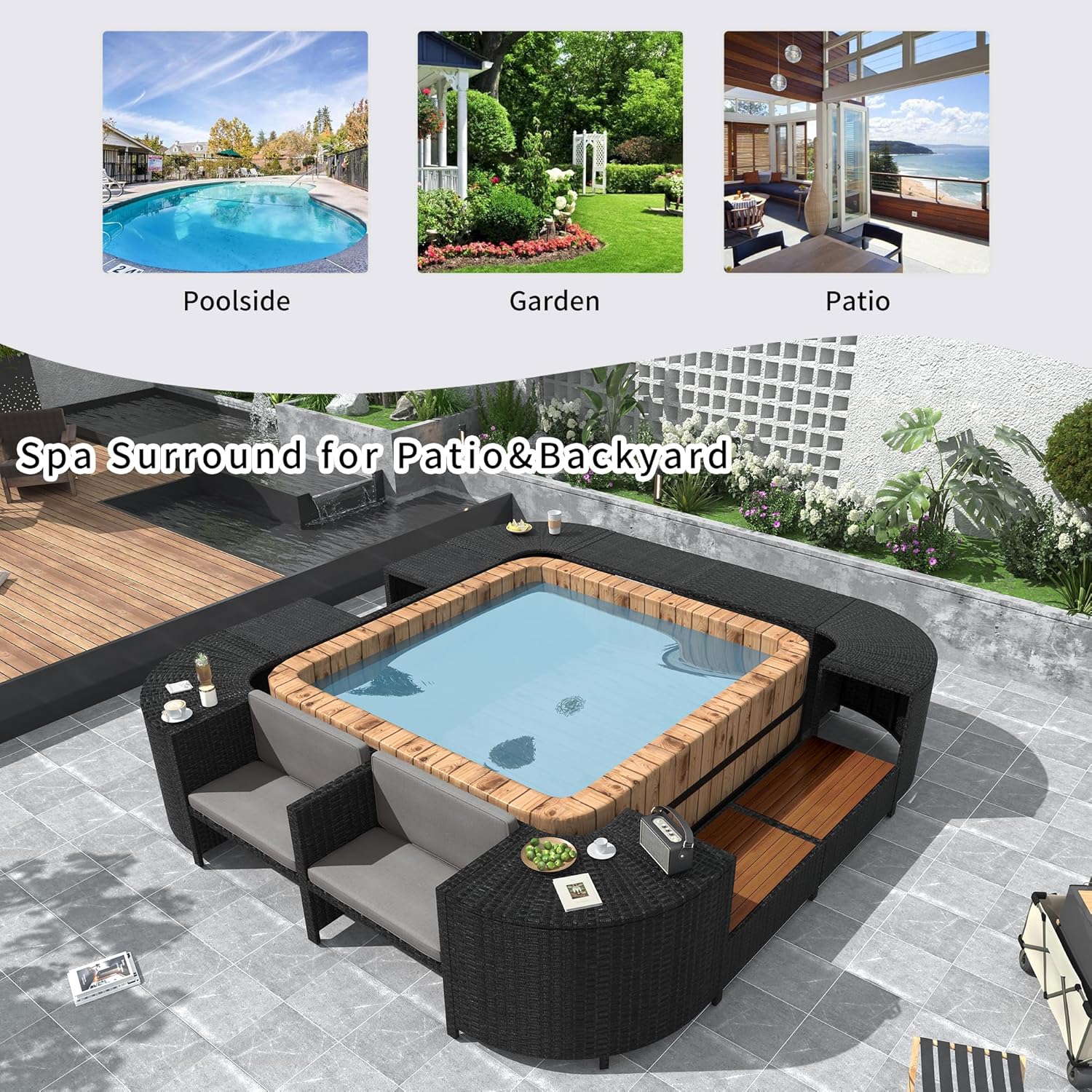 Gray Outdoor Rattan Sectional Sofa with Wooden Seats and Storage B3009