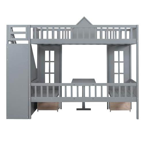 White Wooden Bunk Beds with Stairs and 2 Storage Drawers N6358