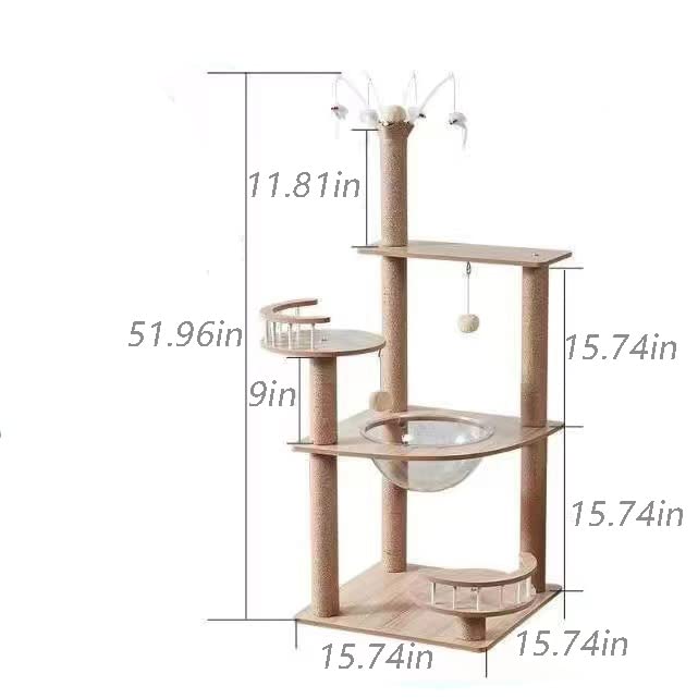 Wooden Large Cat Tree Floor to Ceiling Cat Tower Height Adjustable with Natural Sisal Rope Scratching Post Cozy Bed N546105
