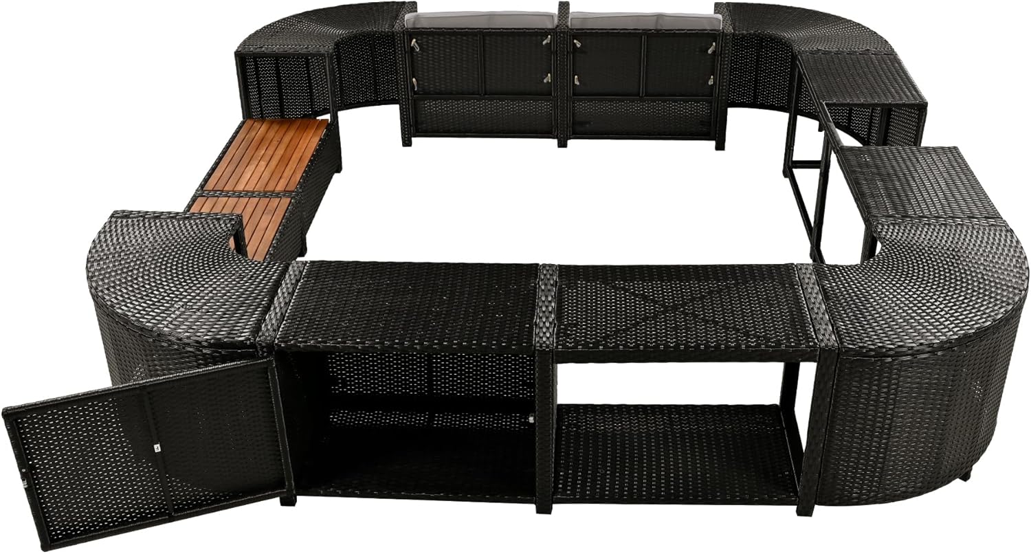 Gray Outdoor Rattan Sectional Sofa with Wooden Seats and Storage B3009