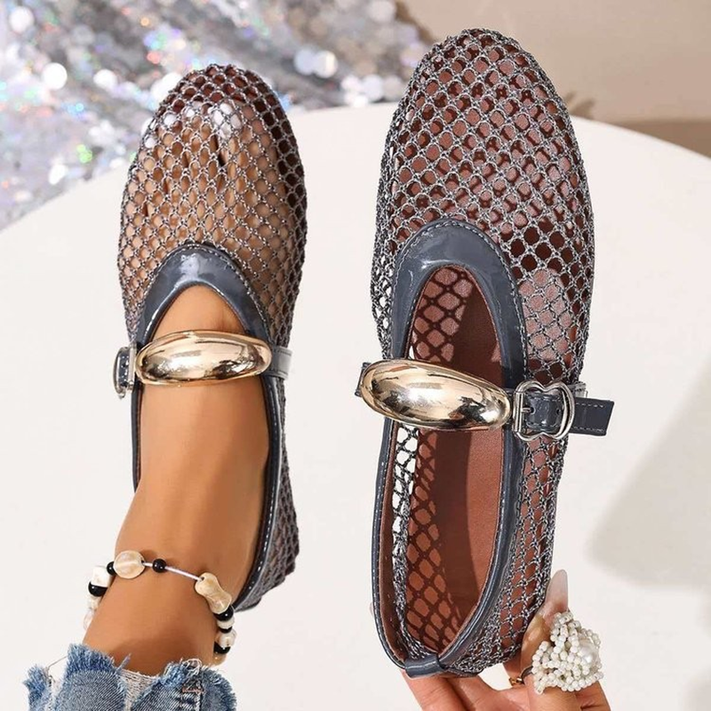 Women's Breathable Mesh Flats – Cut-out Flats with Gold Buckle