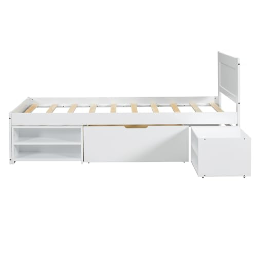 White Full Size Wood Platform Bed with Storage M3363