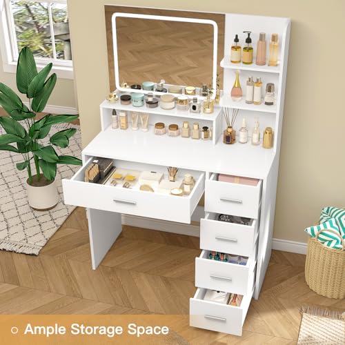 White Vanity Desk with 5 Drawers & Mirror O30456
