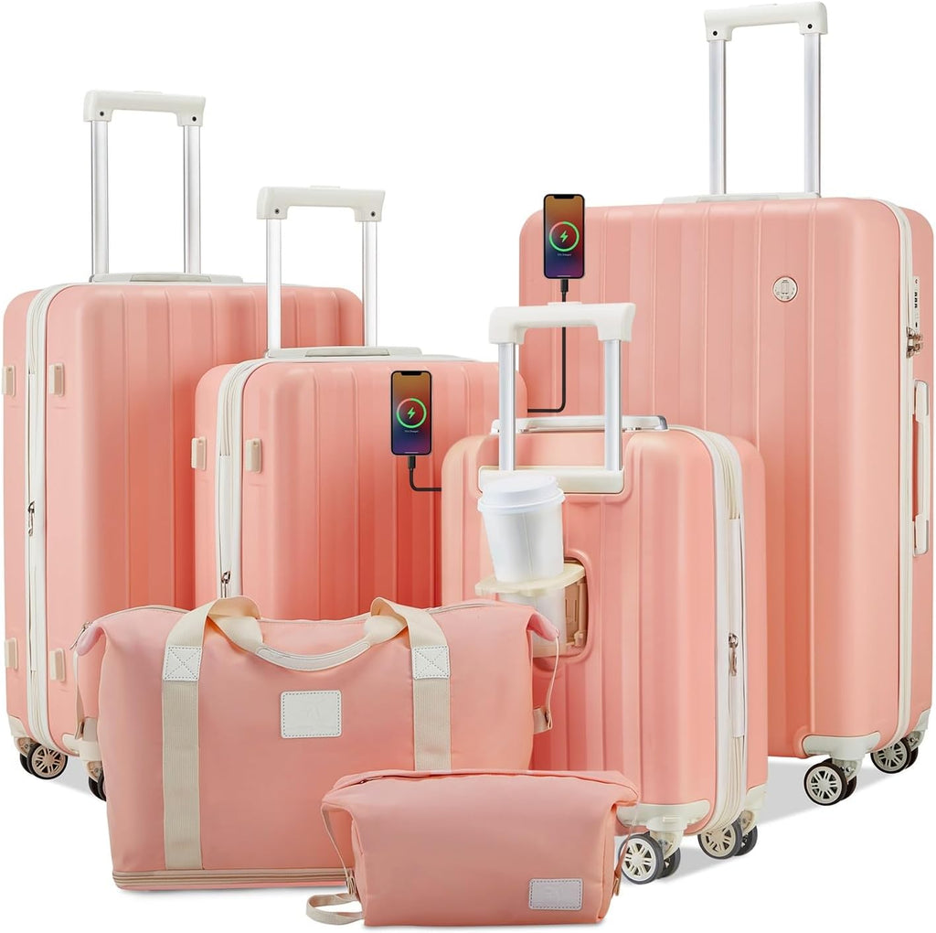 4 Piece Hardside Expandable Luggage Set with Spinner Wheels TSA Lock, Pink Beige W1477