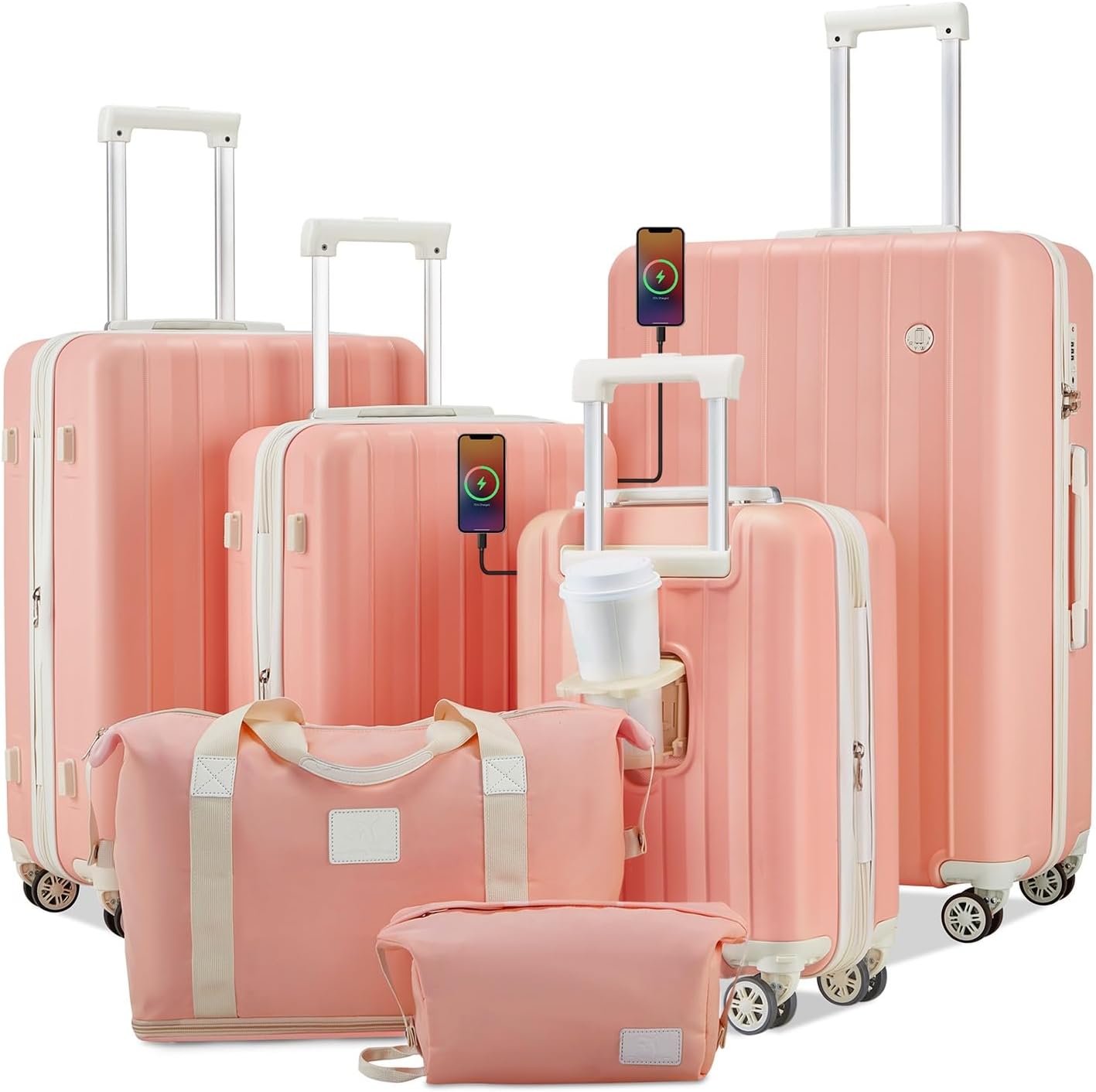4 Piece Hardside Expandable Luggage Set with Spinner Wheels TSA Lock, Pink Beige W1477