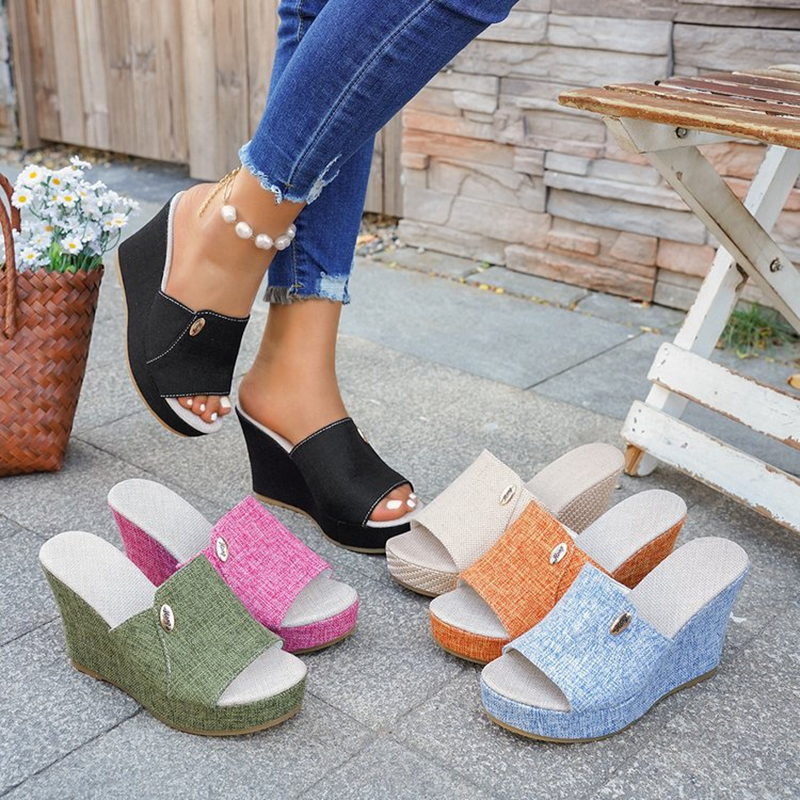 Womens Espadrille Wedge Sandals Open Toe Linen Fabric Platform Slides Slip On High Heel Casual Dress Sandals