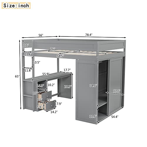White Full Size Wooden Loft Bed with Storage Wardrobe and Desk A3242