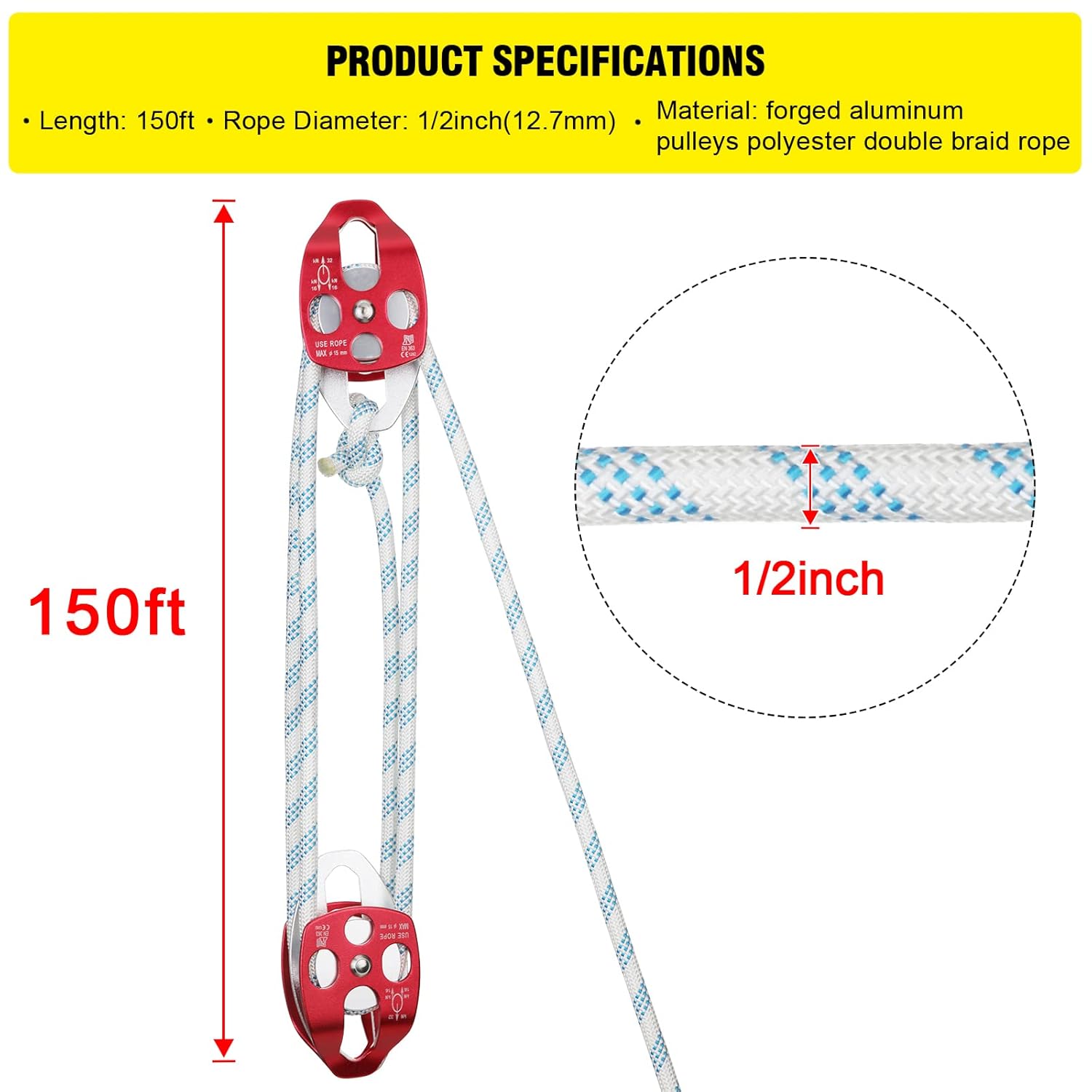 Twin Sheave Block and Tackle with Braid Rope 150Ft 30-35KN Capacity Double Pulley Rigging Rope N303