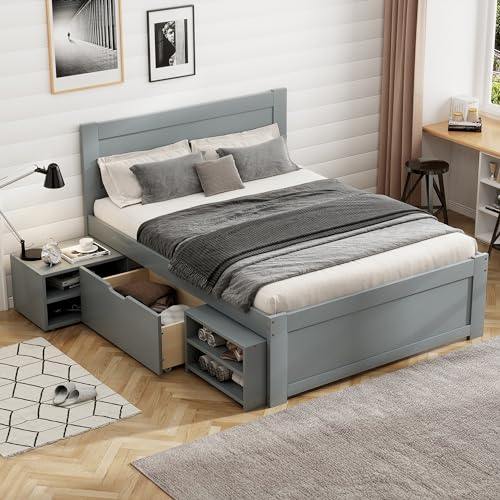 White Full Size Wood Platform Bed with Storage M3363