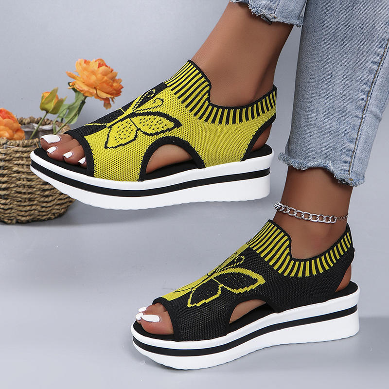 Women's Butterfly Print Knit Slip On Platform Wedge Sandals Open Toe Cutout  Casual  Shoes