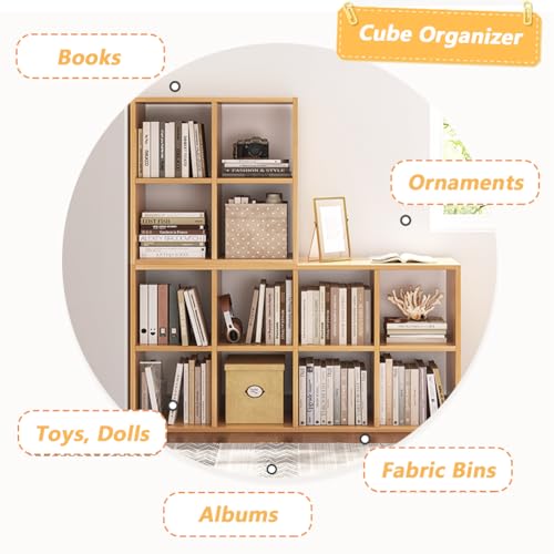 Oak 6 Cube Organizer Bookcase with Fabric Storage Bins X536