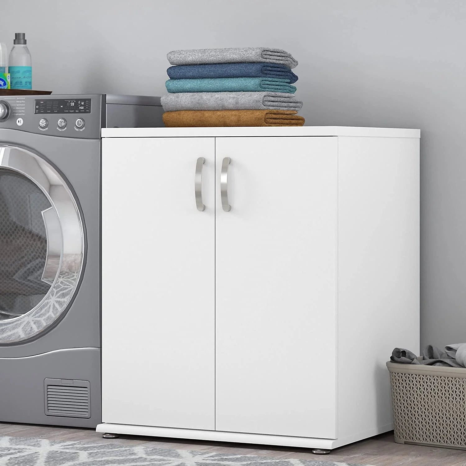 White Engineered Wood Laundry Room Cabinet with Doors V921