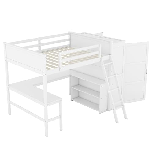 Grey Twin Size Solid Wood Loft Bed with Desk and Wardrobe X3353