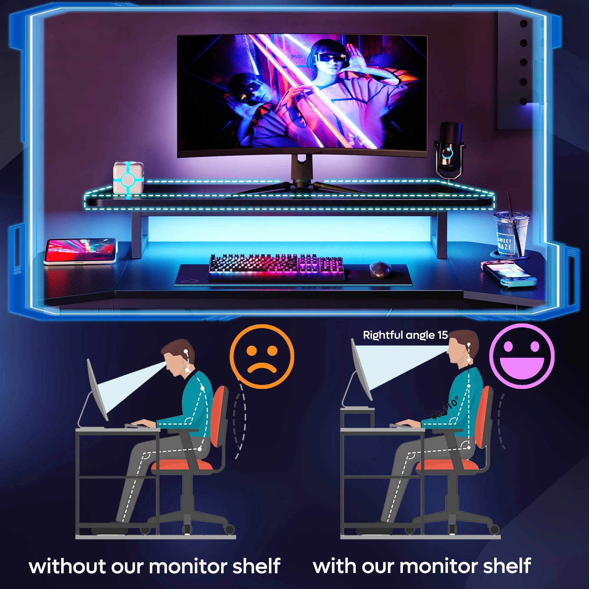 Black 50 Inch Gaming Desk with LED Lights Q9664