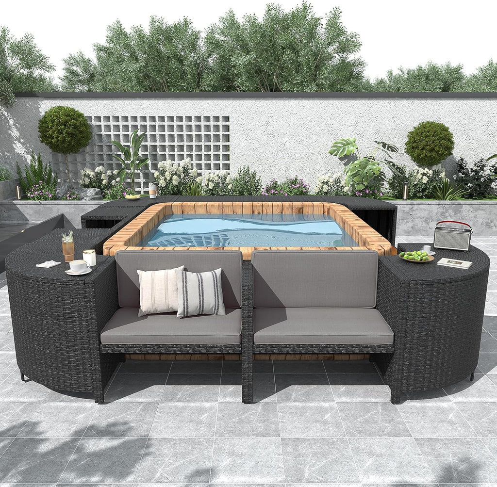 Gray Outdoor Rattan Sectional Sofa with Wooden Seats and Storage B3009